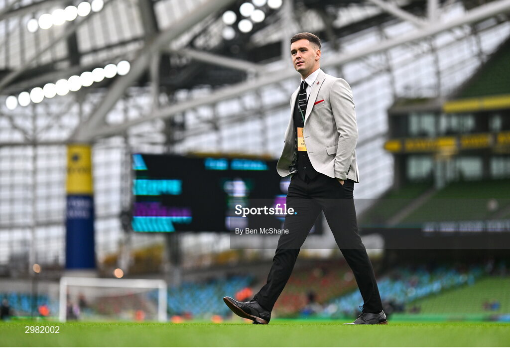 10 November 2024; Derry City goalkeeper Brian Maher walks the pitch before the Sports Direct Men's FAI Cup Final match between Drogheda United and Derry City at the Aviva Stadium in Dublin. Photo by Ben McShane/Sportsfile