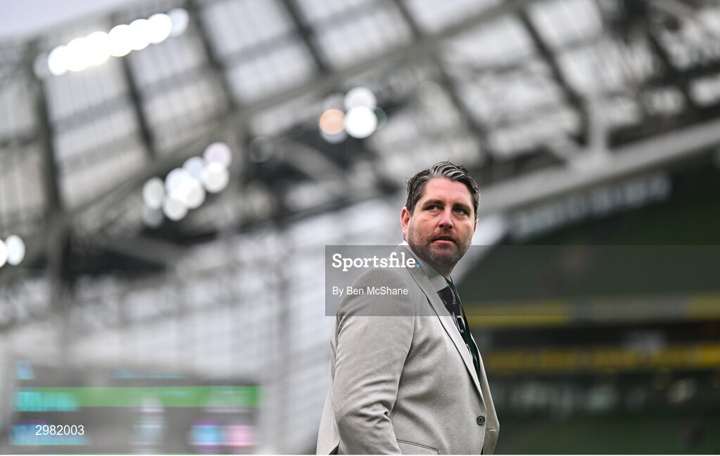 10 November 2024; Derry City manager Ruaidhrí Higgins walks the pitch before the Sports Direct Men's FAI Cup Final match between Drogheda United and Derry City at the Aviva Stadium in Dublin. Photo by Ben McShane/Sportsfile