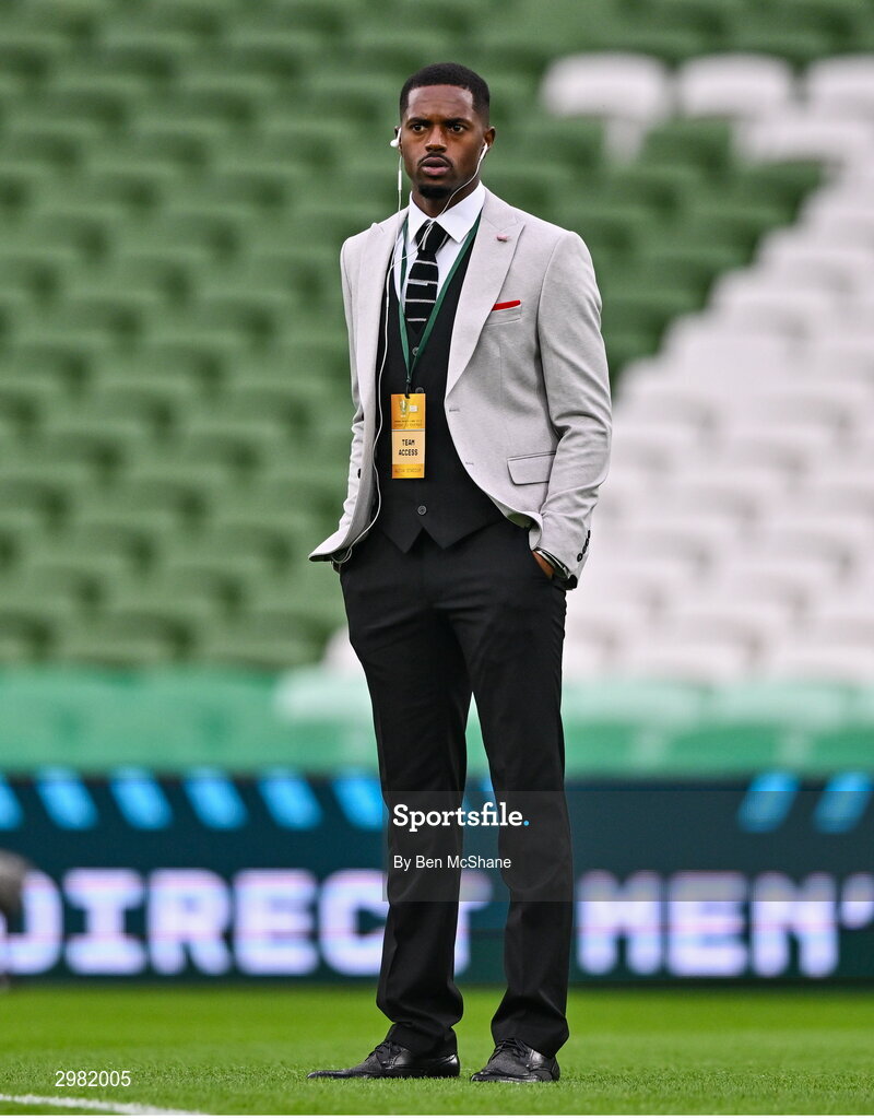 10 November 2024; Sadou Diallo of Derry City walks the pitch before the Sports Direct Men's FAI Cup Final match between Drogheda United and Derry City at the Aviva Stadium in Dublin. Photo by Ben McShane/Sportsfile
