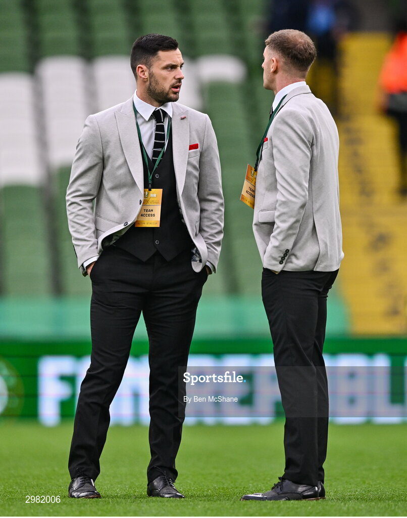 10 November 2024; Patrick Hoban, left, and Ronan Boyce of Derry City walks the pitch before the Sports Direct Men's FAI Cup Final match between Drogheda United and Derry City at the Aviva Stadium in Dublin. Photo by Ben McShane/Sportsfile