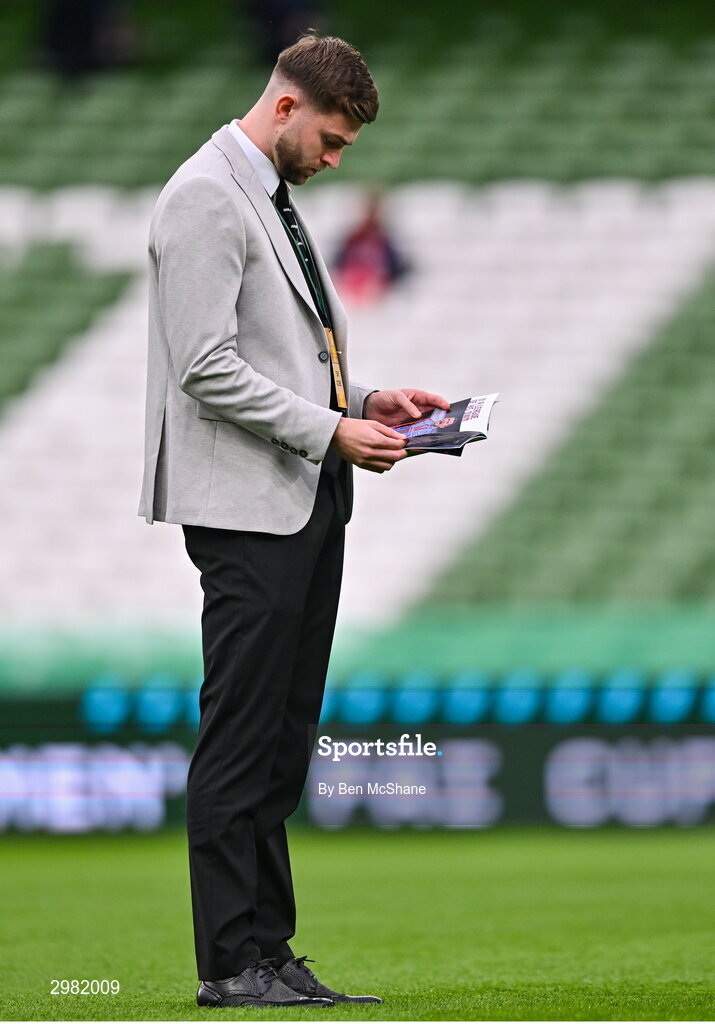 10 November 2024; Will Patching of Derry City walks the pitch before the Sports Direct Men's FAI Cup Final match between Drogheda United and Derry City at the Aviva Stadium in Dublin. Photo by Ben McShane/Sportsfile