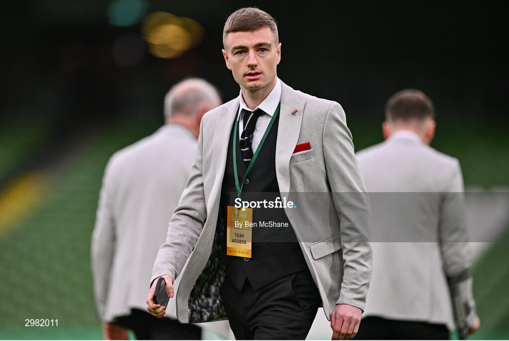 10 November 2024; Daniel Kelly of Derry City walks the pitch before the Sports Direct Men's FAI Cup Final match between Drogheda United and Derry City at the Aviva Stadium in Dublin. Photo by Ben McShane/Sportsfile
