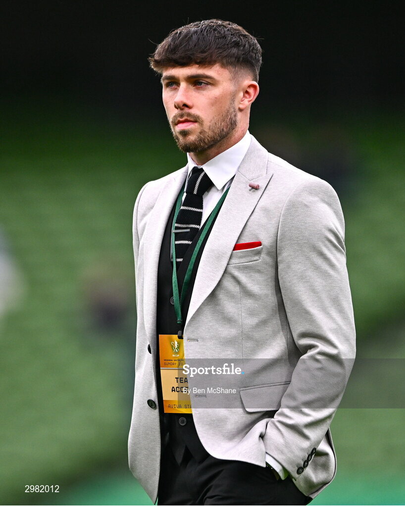 10 November 2024; Adam O'Reilly of Derry City walks the pitch before the Sports Direct Men's FAI Cup Final match between Drogheda United and Derry City at the Aviva Stadium in Dublin. Photo by Ben McShane/Sportsfile