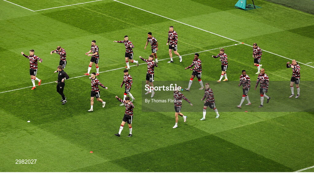 10 November 2024; Derry City players warm-up before the Sports Direct Men's FAI Cup Final match between Drogheda United and Derry City at the Aviva Stadium in Dublin. Photo by Thomas Flinkow/Sportsfile