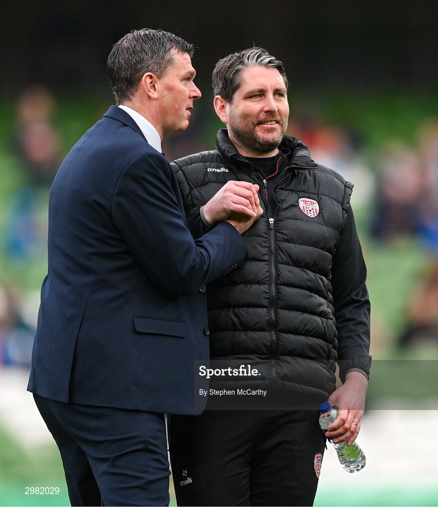 10 November 2024; Drogheda United manager Kevin Doherty, left, and Derry City manager Ruaidhrí Higgins before the Sports Direct Men's FAI Cup Final match between Drogheda United and Derry City at the Aviva Stadium in Dublin. Photo by Stephen McCarthy/Sportsfile
