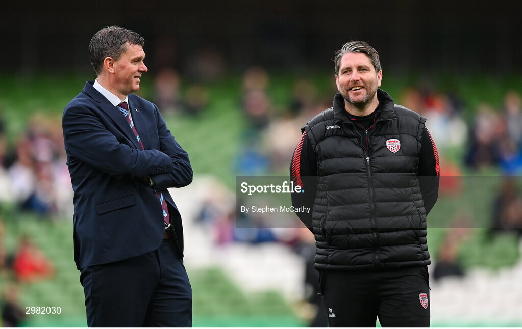 10 November 2024; Drogheda United manager Kevin Doherty, left, and Derry City manager Ruaidhrí Higgins before the Sports Direct Men's FAI Cup Final match between Drogheda United and Derry City at the Aviva Stadium in Dublin. Photo by Stephen McCarthy/Sportsfile