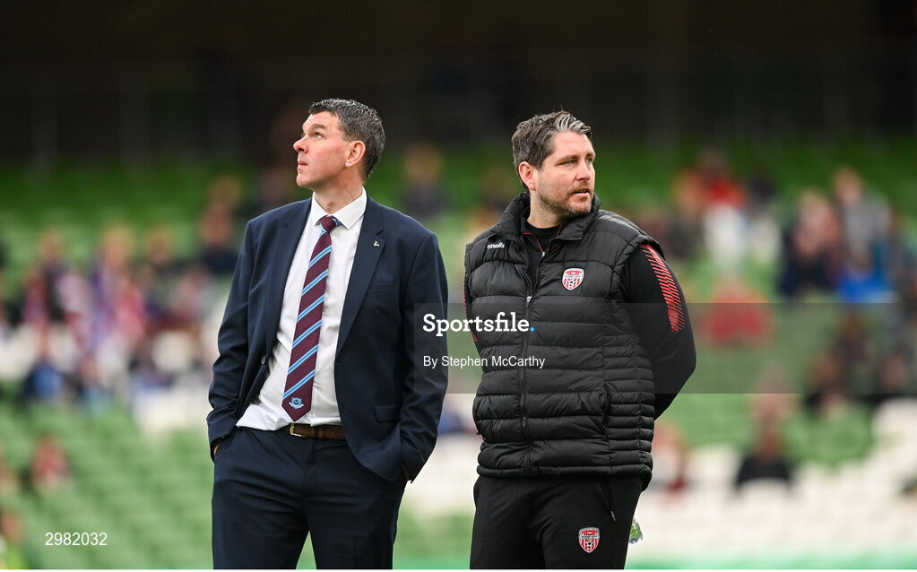 10 November 2024; Drogheda United manager Kevin Doherty, left, and Derry City manager Ruaidhrí Higgins before the Sports Direct Men's FAI Cup Final match between Drogheda United and Derry City at the Aviva Stadium in Dublin. Photo by Stephen McCarthy/Sportsfile