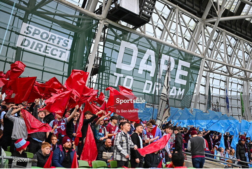 10 November 2024; Drogheda United supporters before the Sports Direct Men's FAI Cup Final match between Drogheda United and Derry City at the Aviva Stadium in Dublin. Photo by Ben McShane/Sportsfile