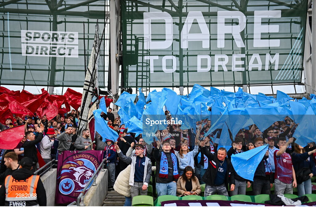10 November 2024; Drogheda United supporters before the Sports Direct Men's FAI Cup Final match between Drogheda United and Derry City at the Aviva Stadium in Dublin. Photo by Ben McShane/Sportsfile