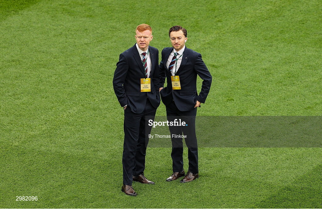 10 November 2024; Shane Farrell, left, and Darragh Markey of Drogheda United before the Sports Direct Men's FAI Cup Final match between Drogheda United and Derry City at the Aviva Stadium in Dublin. Photo by Thomas Flinkow/Sportsfile