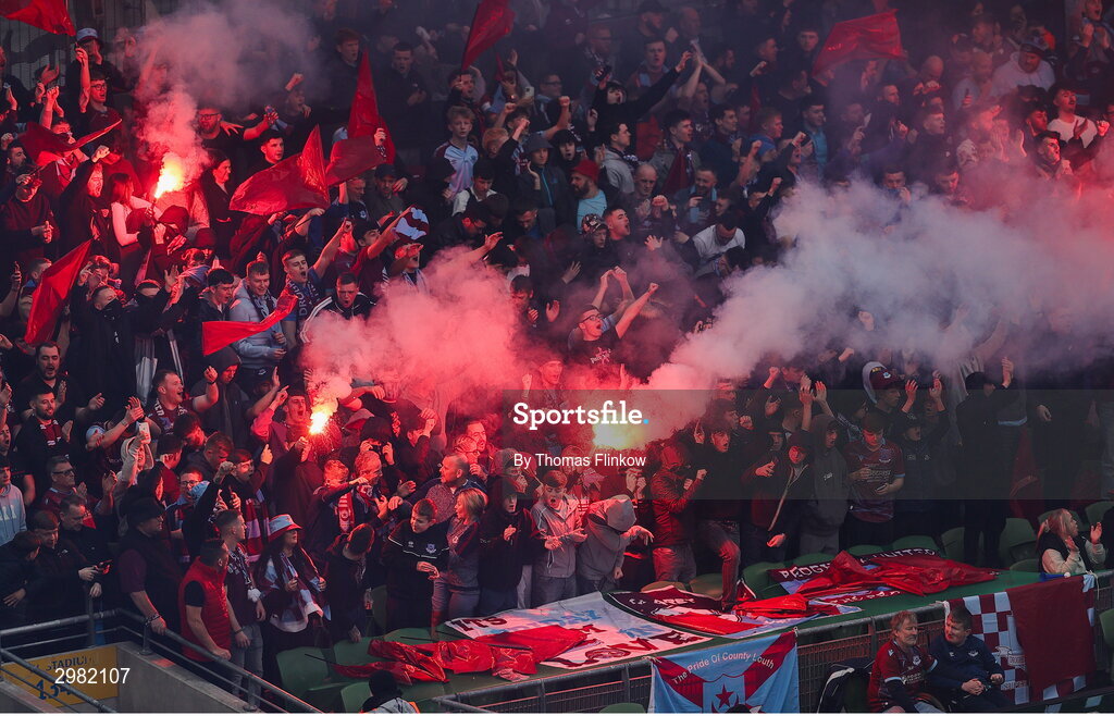 10 November 2024; Supporters light flares before the Sports Direct Men's FAI Cup Final match between Drogheda United and Derry City at the Aviva Stadium in Dublin. Photo by Thomas Flinkow/Sportsfile