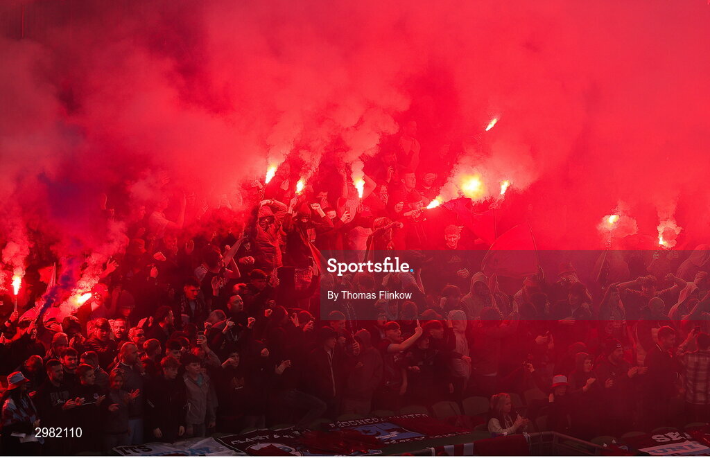 10 November 2024; Supporters light flares before the Sports Direct Men's FAI Cup Final match between Drogheda United and Derry City at the Aviva Stadium in Dublin. Photo by Thomas Flinkow/Sportsfile
