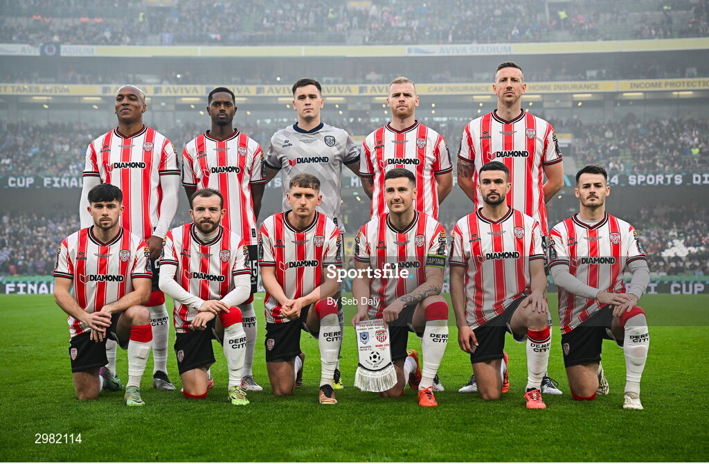 10 November 2024; The Derry City team, back row, from left, Andre Wisdom, Sadou Diallo, goalkeeper Brian Maher, Mark Connolly and Shane McEleney, with, front row, Adam O'Reilly, Paul McMullan, Ronan Boyce, Patrick McEleney, Michael Duffy and Danny Mullen before the Sports Direct Men's FAI Cup Final match between Drogheda United and Derry City at the Aviva Stadium in Dublin. Photo by Seb Daly/Sportsfile