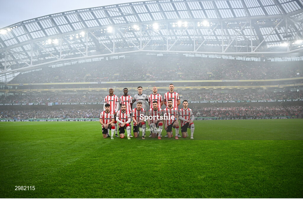 10 November 2024; The Derry City team, back row, from left, Andre Wisdom, Sadou Diallo, goalkeeper Brian Maher, Mark Connolly and Shane McEleney, with, front row, Adam O'Reilly, Paul McMullan, Ronan Boyce, Patrick McEleney, Michael Duffy and Danny Mullen before the Sports Direct Men's FAI Cup Final match between Drogheda United and Derry City at the Aviva Stadium in Dublin. Photo by Seb Daly/Sportsfile