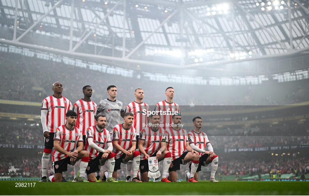 10 November 2024; The Derry City team, back row, from left, Andre Wisdom, Sadou Diallo, goalkeeper Brian Maher, Mark Connolly and Shane McEleney, with, front row, Adam O'Reilly, Paul McMullan, Ronan Boyce, Patrick McEleney, Michael Duffy and Danny Mullen before the Sports Direct Men's FAI Cup Final match between Drogheda United and Derry City at the Aviva Stadium in Dublin. Photo by Stephen McCarthy/Sportsfile