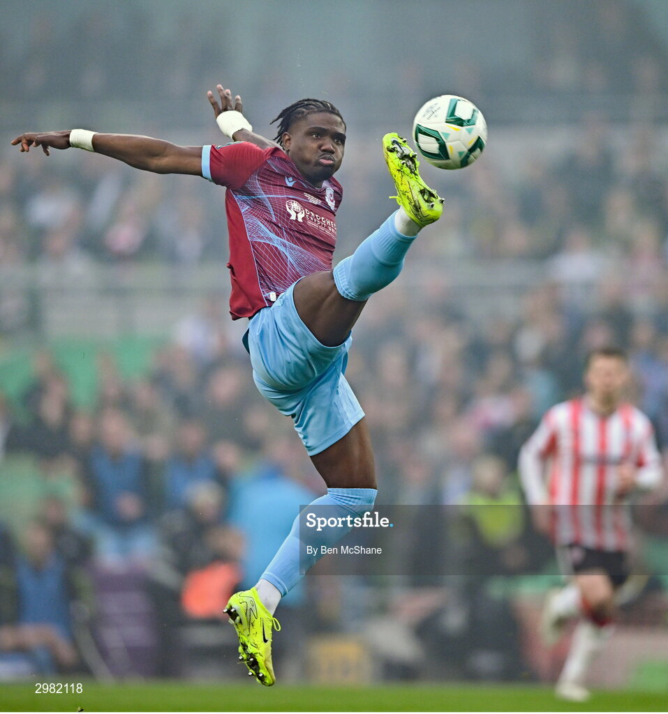 10 November 2024; Frantz Pierrot of Drogheda United during the Sports Direct Men's FAI Cup Final match between Drogheda United and Derry City at the Aviva Stadium in Dublin. Photo by Ben McShane/Sportsfile