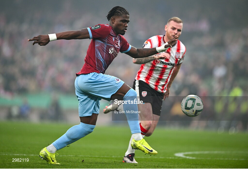 10 November 2024; Frantz Pierrot of Drogheda United in action against Mark Connolly of Derry City during the Sports Direct Men's FAI Cup Final match between Drogheda United and Derry City at the Aviva Stadium in Dublin. Photo by Ben McShane/Sportsfile