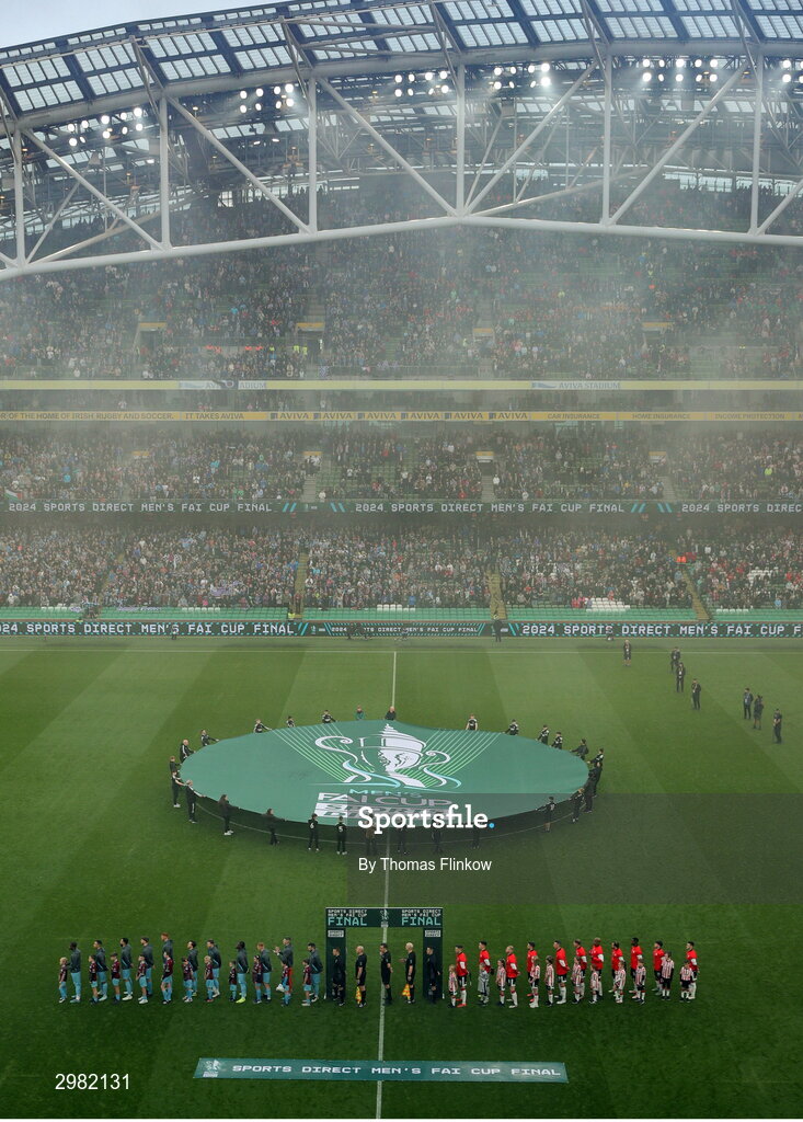 10 November 2024; Drogheda United and Derry City players line up before the Sports Direct Men's FAI Cup Final match between Drogheda United and Derry City at the Aviva Stadium in Dublin. Photo by Thomas Flinkow/Sportsfile