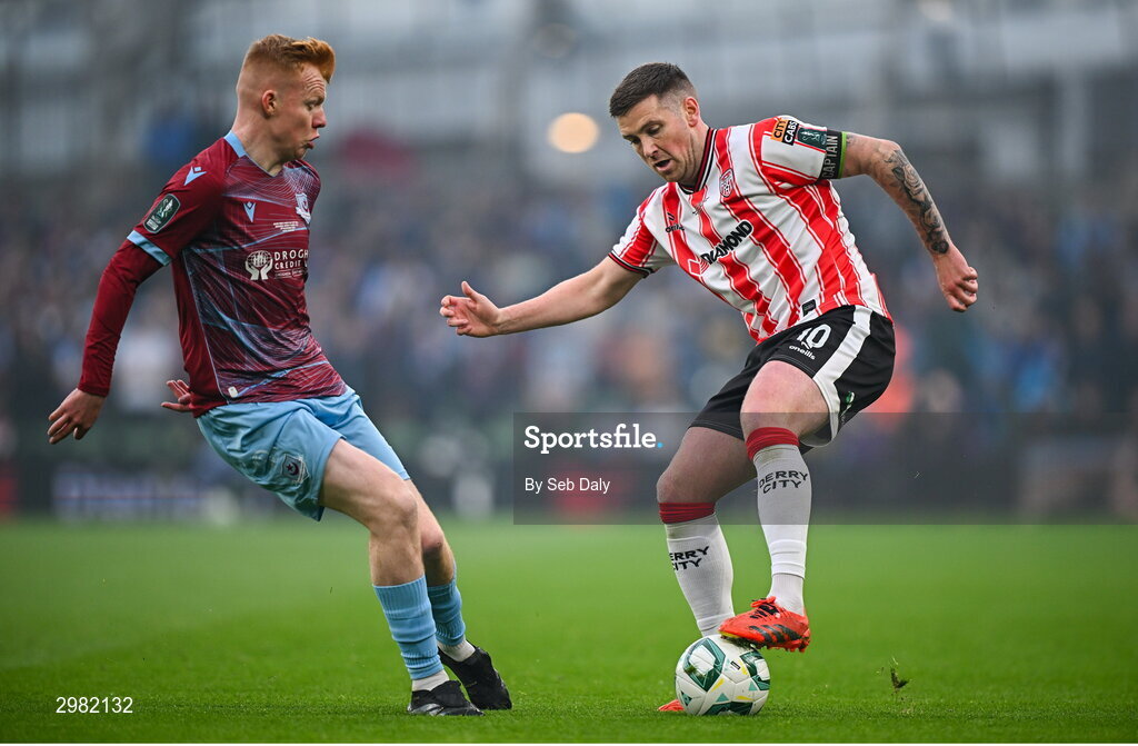 10 November 2024; Patrick McEleney of Derry City in action against Darragh Markey of Drogheda United during the Sports Direct Men's FAI Cup Final match between Drogheda United and Derry City at the Aviva Stadium in Dublin. Photo by Seb Daly/Sportsfile