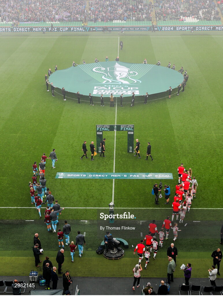 10 November 2024; The teams enter the pitch before the Sports Direct Men's FAI Cup Final match between Drogheda United and Derry City at the Aviva Stadium in Dublin. Photo by Thomas Flinkow/Sportsfile