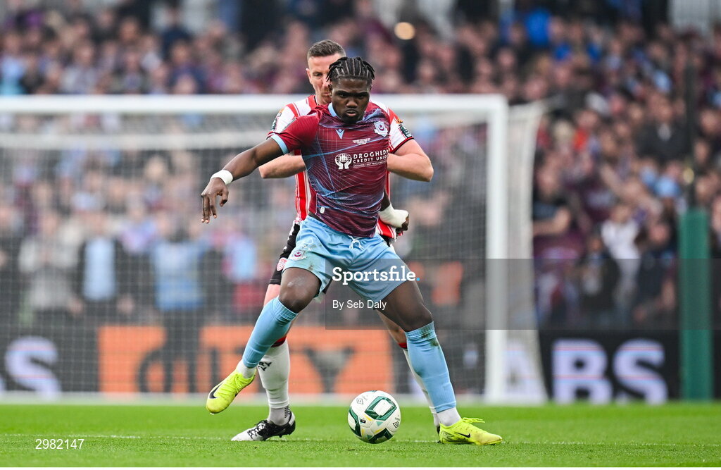 10 November 2024; Frantz Pierrot of Drogheda United in action against Shane McEleney of Derry City during the Sports Direct Men's FAI Cup Final match between Drogheda United and Derry City at the Aviva Stadium in Dublin. Photo by Seb Daly/Sportsfile