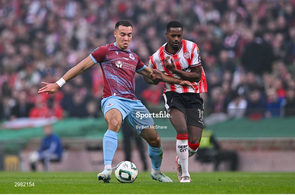 10 November 2024; Douglas James-Taylor of Drogheda United in action against Sadou Diallo of Derry City during the Sports Direct Men's FAI Cup Final match between Drogheda United and Derry City at the Aviva Stadium in Dublin. Photo by Ben McShane/Sportsfile