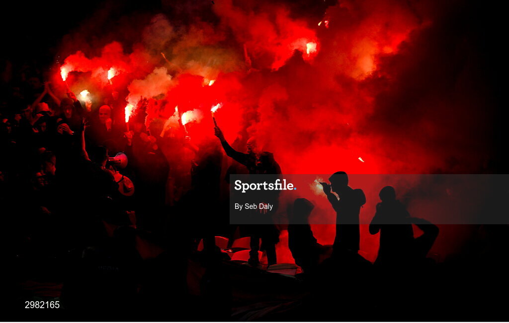 10 November 2024; Derry City supporters light flares during the Sports Direct Men's FAI Cup Final match between Drogheda United and Derry City at the Aviva Stadium in Dublin. Photo by Seb Daly/Sportsfile