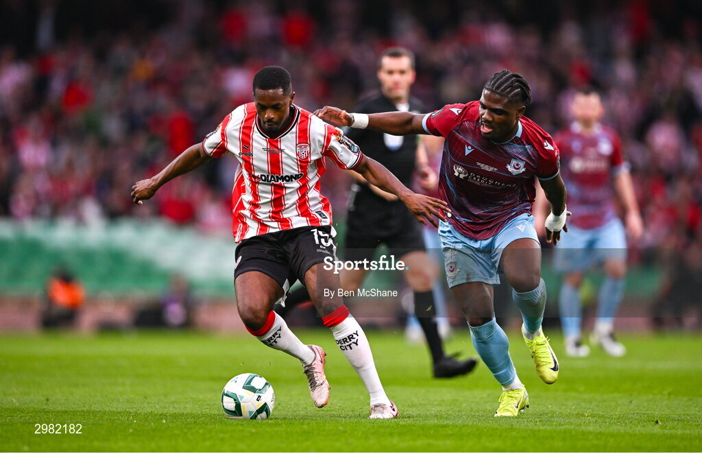 10 November 2024; Sadou Diallo of Derry City in action against Frantz Pierrot of Drogheda United during the Sports Direct Men's FAI Cup Final match between Drogheda United and Derry City at the Aviva Stadium in Dublin. Photo by Ben McShane/Sportsfile