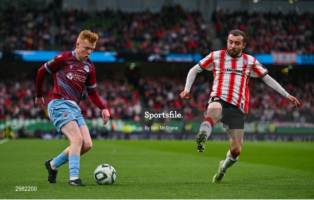 10 November 2024; Shane Farrell of Drogheda United in action against Paul McMullan of Derry City during the Sports Direct Men's FAI Cup Final match between Drogheda United and Derry City at the Aviva Stadium in Dublin. Photo by Ben McShane/Sportsfile