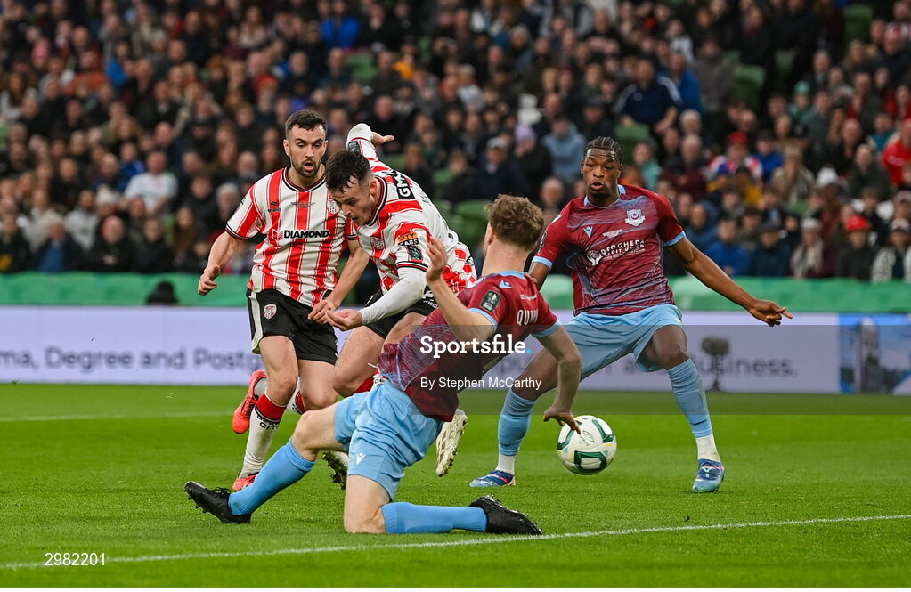 10 November 2024; Danny Mullen of Derry City has an attempt on goal during the Sports Direct Men's FAI Cup Final match between Drogheda United and Derry City at the Aviva Stadium in Dublin. Photo by Stephen McCarthy/Sportsfile