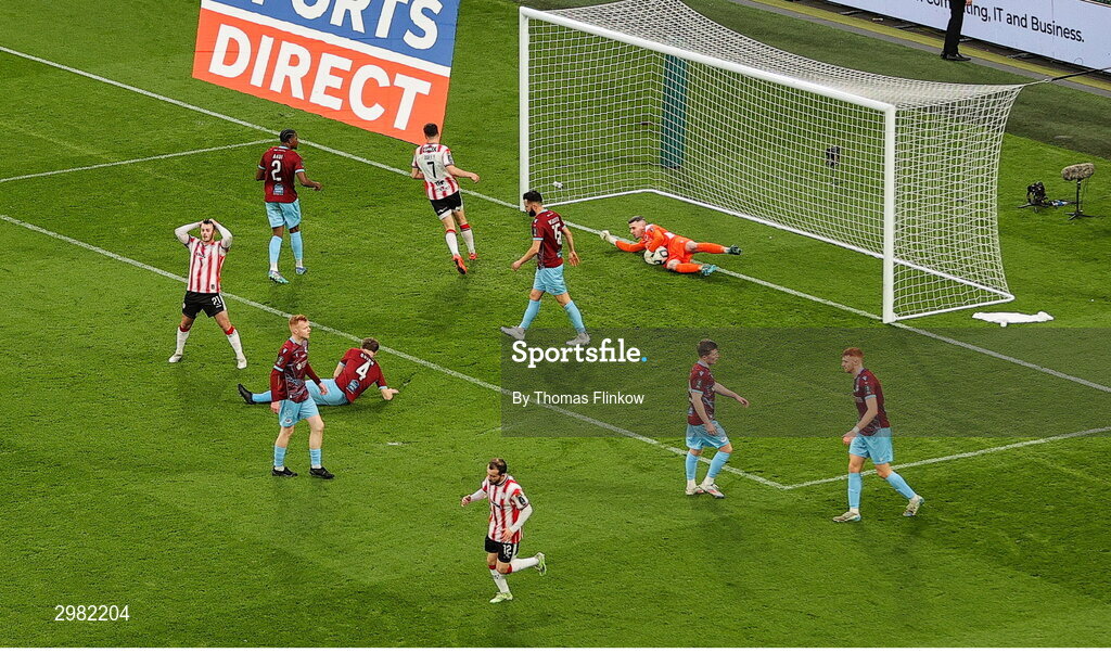10 November 2024; Danny Mullen of Derry City, left, reacts to a missed goal chance during the Sports Direct Men's FAI Cup Final match between Drogheda United and Derry City at the Aviva Stadium in Dublin. Photo by Thomas Flinkow/Sportsfile