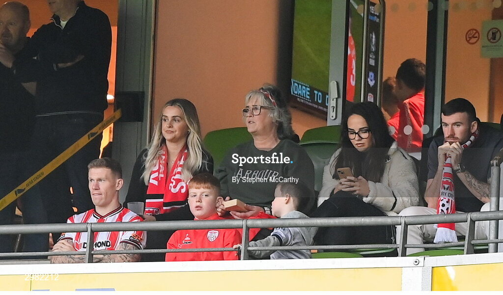 10 November 2024; Former Republic of Ireland and Derry City player James McClean, left, look on during the Sports Direct Men's FAI Cup Final match between Drogheda United and Derry City at the Aviva Stadium in Dublin. Photo by Stephen McCarthy/Sportsfile
