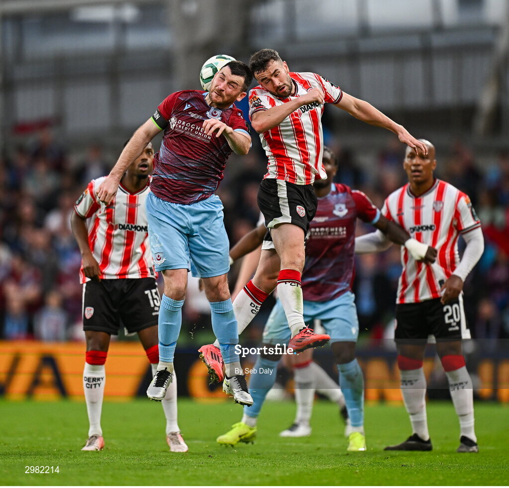 10 November 2024; Ryan Brennan of Drogheda United in action against Michael Duffy of Derry City during the Sports Direct Men's FAI Cup Final match between Drogheda United and Derry City at the Aviva Stadium in Dublin. Photo by Seb Daly/Sportsfile