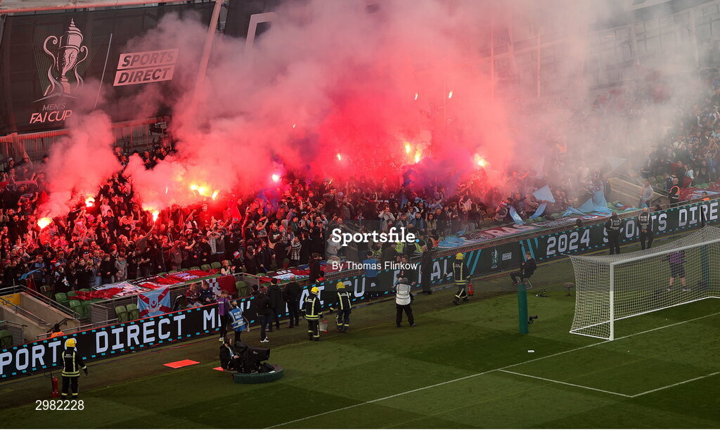 10 November 2024; Drogheda United supporters set off flares before the Sports Direct Men's FAI Cup Final match between Drogheda United and Derry City at the Aviva Stadium in Dublin. Photo by Thomas Flinkow/Sportsfile