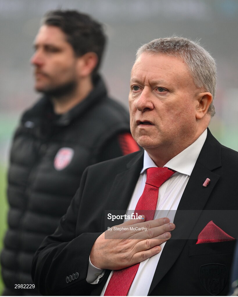 10 November 2024; Derry City chairman Philip O’Doherty, right, and manager Ruaidhrí Higgins before the Sports Direct Men's FAI Cup Final match between Drogheda United and Derry City at the Aviva Stadium in Dublin. Photo by Stephen McCarthy/Sportsfile
