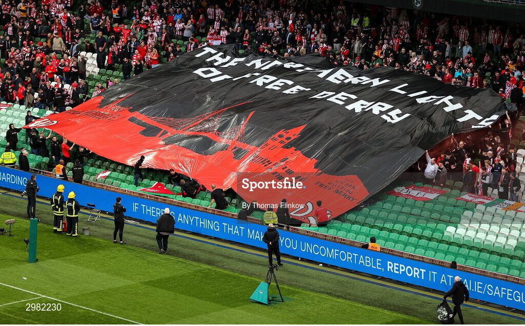 10 November 2024; Derry City supporters display a banner during the Sports Direct Men's FAI Cup Final match between Drogheda United and Derry City at the Aviva Stadium in Dublin. Photo by Thomas Flinkow/Sportsfile