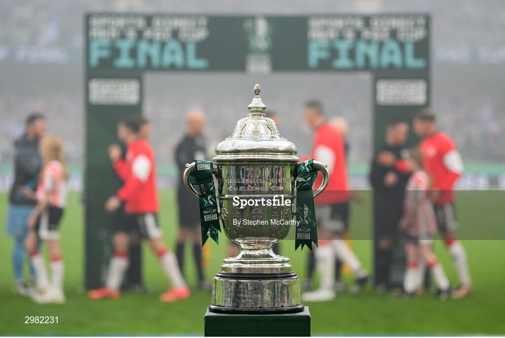 10 November 2024; A general view of the FAI Challenge cup trophy before the Sports Direct Men's FAI Cup Final match between Drogheda United and Derry City at the Aviva Stadium in Dublin. Photo by Stephen McCarthy/Sportsfile