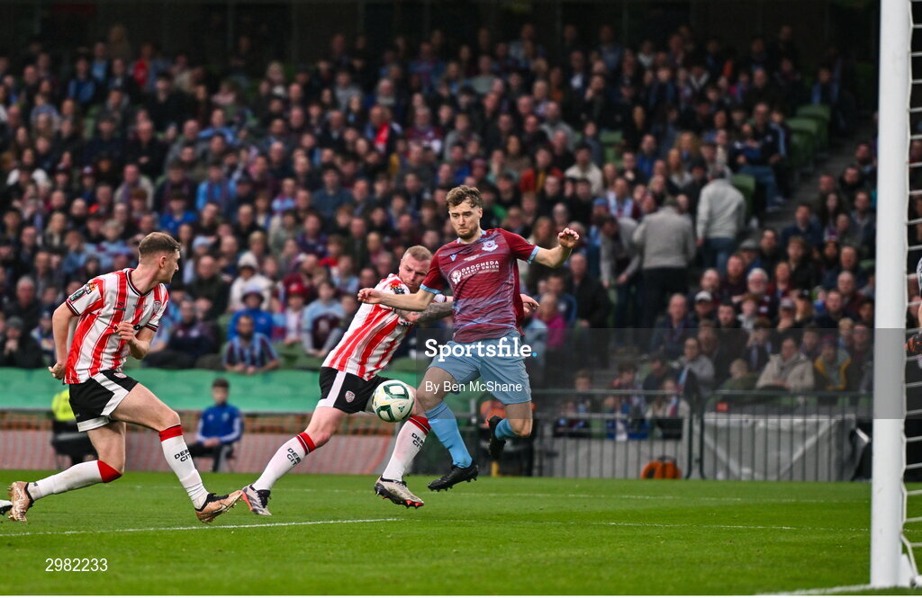 10 November 2024; Andrew Quinn of Drogheda United scores his side's first goal during the Sports Direct Men's FAI Cup Final match between Drogheda United and Derry City at the Aviva Stadium in Dublin. Photo by Ben McShane/Sportsfile
