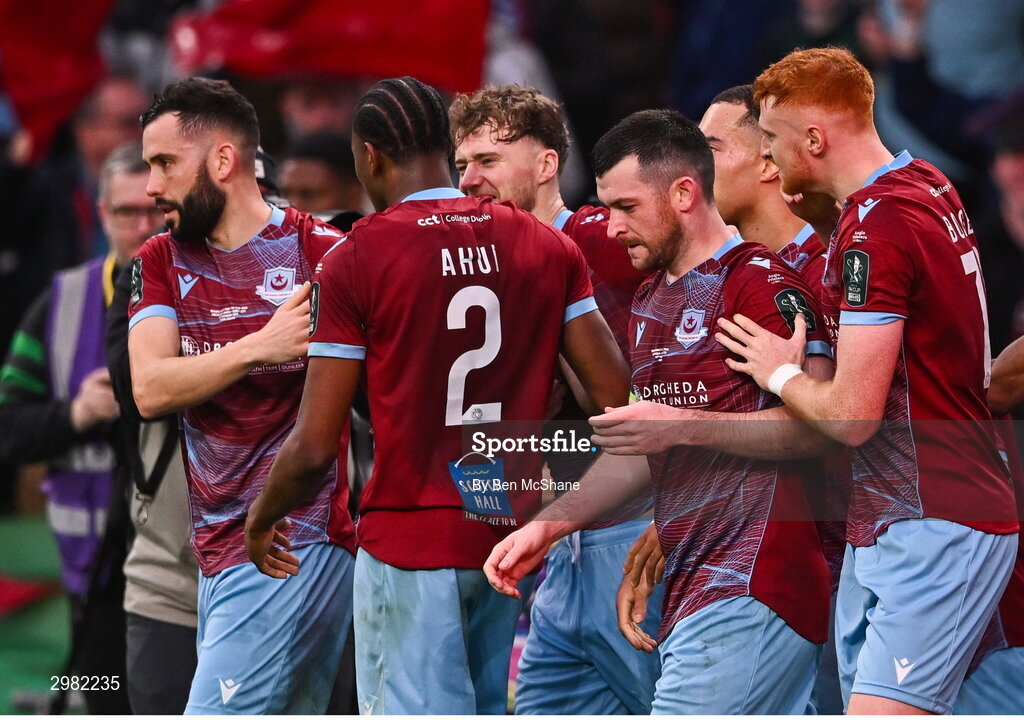 10 November 2024; Drogheda United players celebrate their side's first goal, scored by Andrew Quinn, third from left, during the Sports Direct Men's FAI Cup Final match between Drogheda United and Derry City at the Aviva Stadium in Dublin. Photo by Ben McShane/Sportsfile