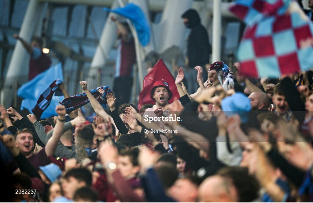 10 November 2024; Drogheda United supporters celebrate during the Sports Direct Men's FAI Cup Final match between Drogheda United and Derry City at the Aviva Stadium in Dublin. Photo by Ben McShane/Sportsfile