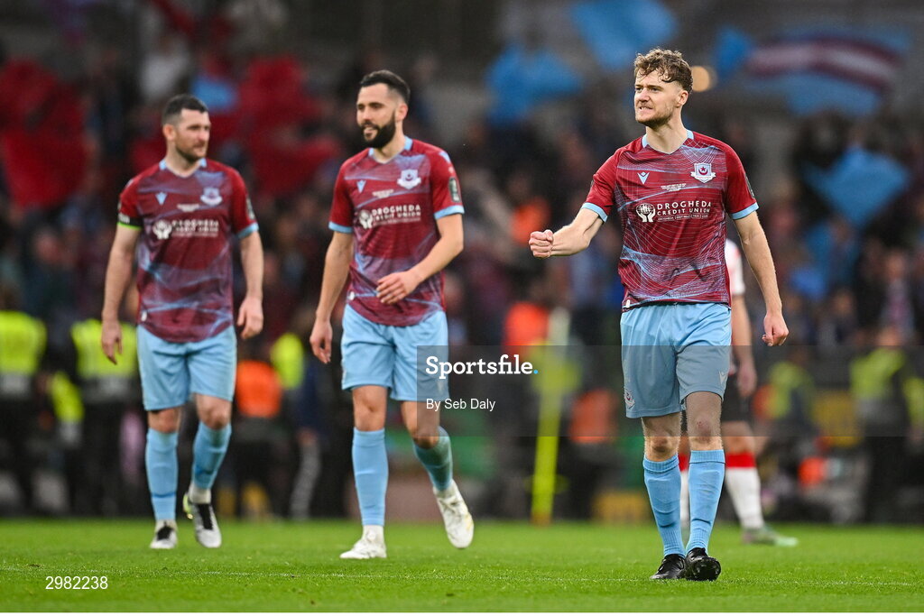 10 November 2024; Andrew Quinn of Drogheda United, right, celebrates after scoring his side's first goal during the Sports Direct Men's FAI Cup Final match between Drogheda United and Derry City at the Aviva Stadium in Dublin. Photo by Seb Daly/Sportsfile