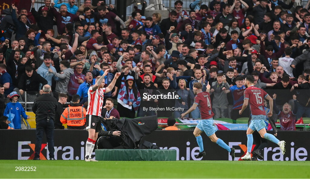 10 November 2024; Andrew Quinn of Drogheda United celebrates with supporters after scoring their side's first goal during the Sports Direct Men's FAI Cup Final match between Drogheda United and Derry City at the Aviva Stadium in Dublin. Photo by Stephen McCarthy/Sportsfile
