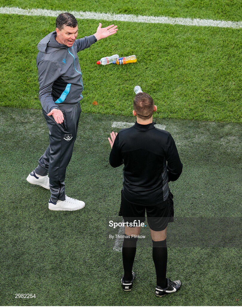 10 November 2024; Drogheda United manager Kevin Doherty speaks to fourth official Paul Norton during the Sports Direct Men's FAI Cup Final match between Drogheda United and Derry City at the Aviva Stadium in Dublin. Photo by Thomas Flinkow/Sportsfile