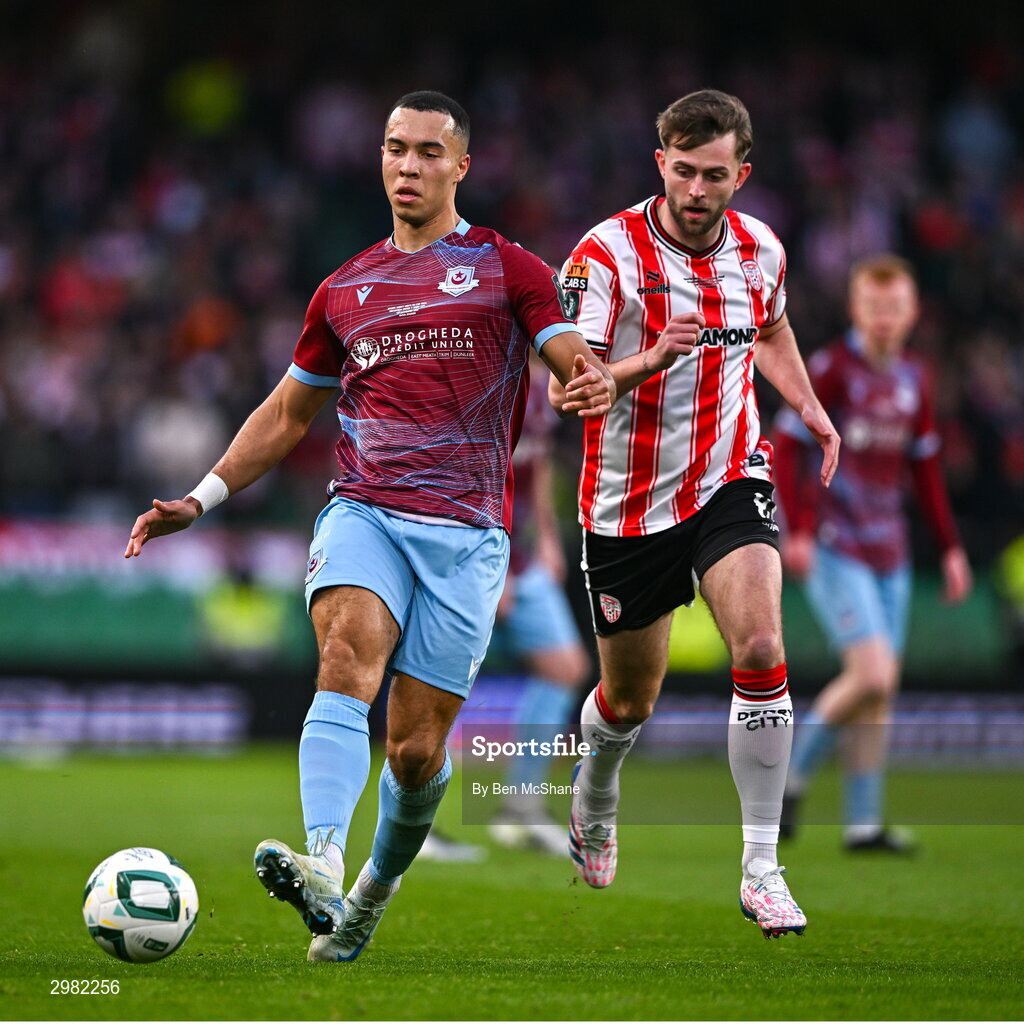 10 November 2024; Douglas James-Taylor of Drogheda United in action against Will Patching of Derry City during the Sports Direct Men's FAI Cup Final match between Drogheda United and Derry City at the Aviva Stadium in Dublin. Photo by Ben McShane/Sportsfile