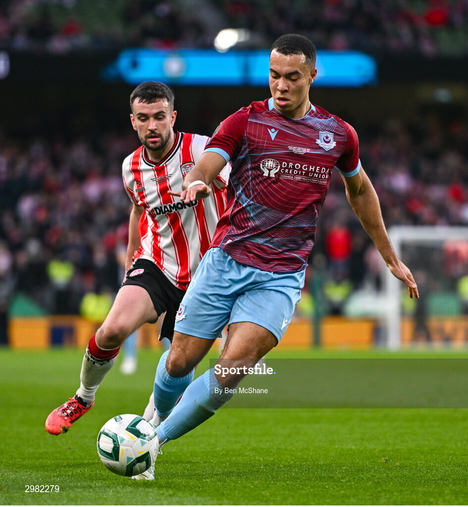 10 November 2024; Douglas James-Taylor of Drogheda United in action against Michael Duffy of Derry City during the Sports Direct Men's FAI Cup Final match between Drogheda United and Derry City at the Aviva Stadium in Dublin. Photo by Ben McShane/Sportsfile