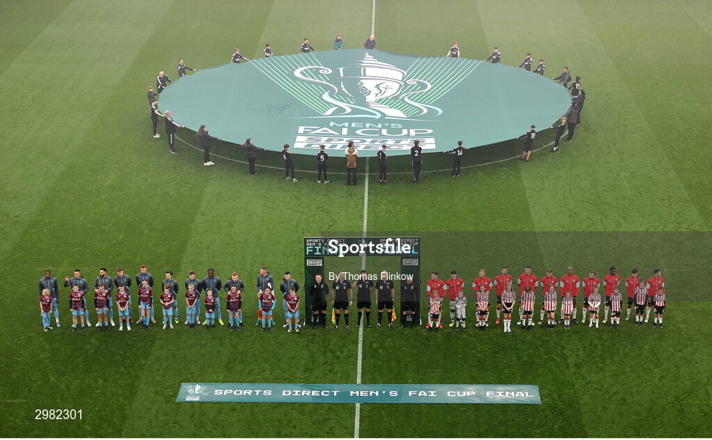 10 November 2024; The teams line up before the Sports Direct Men's FAI Cup Final match between Drogheda United and Derry City at the Aviva Stadium in Dublin. Photo by Thomas Flinkow/Sportsfile