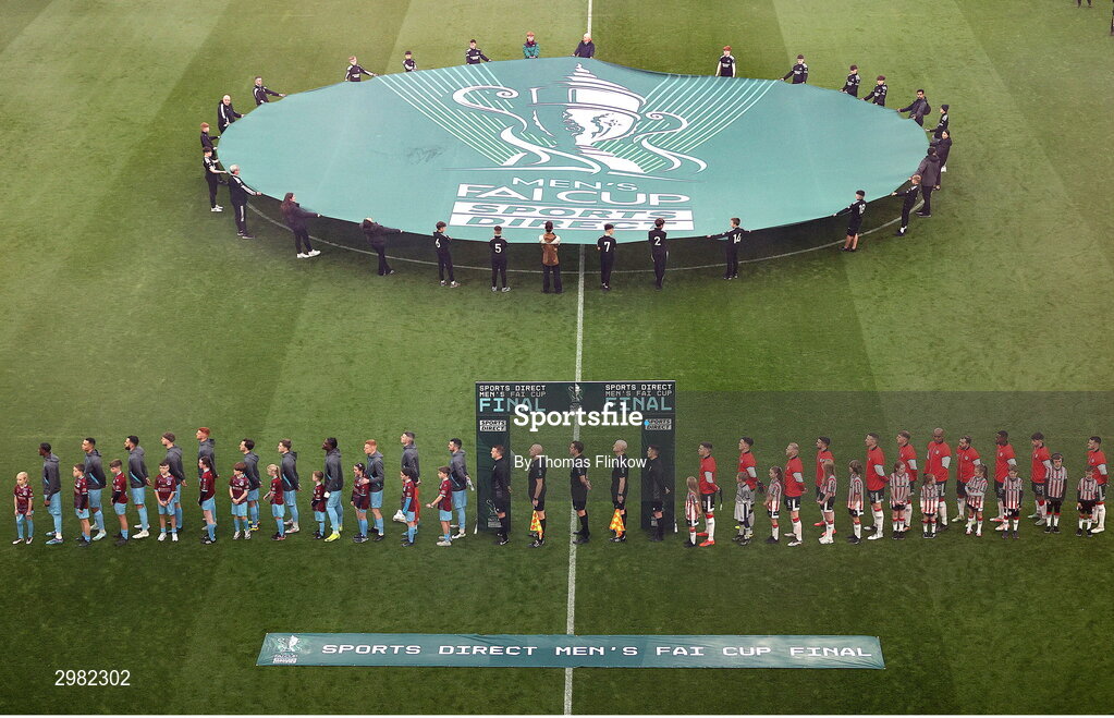 10 November 2024; The teams line up before the Sports Direct Men's FAI Cup Final match between Drogheda United and Derry City at the Aviva Stadium in Dublin. Photo by Thomas Flinkow/Sportsfile
