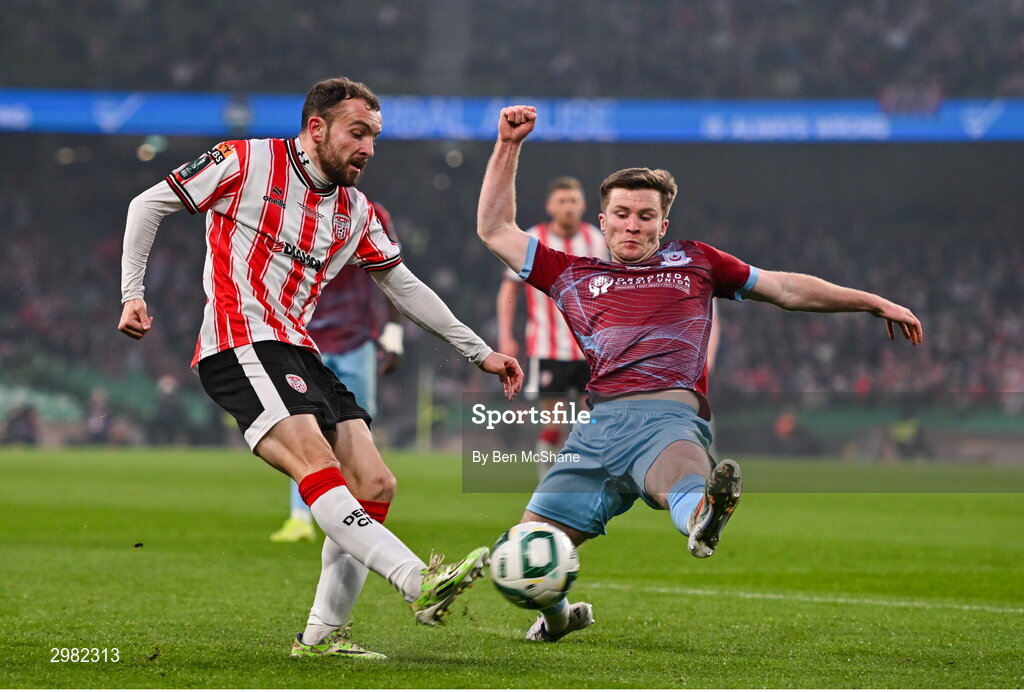 10 November 2024; Paul McMullan of Derry City in action against Conor Kane of Drogheda United during the Sports Direct Men's FAI Cup Final match between Drogheda United and Derry City at the Aviva Stadium in Dublin. Photo by Ben McShane/Sportsfile
