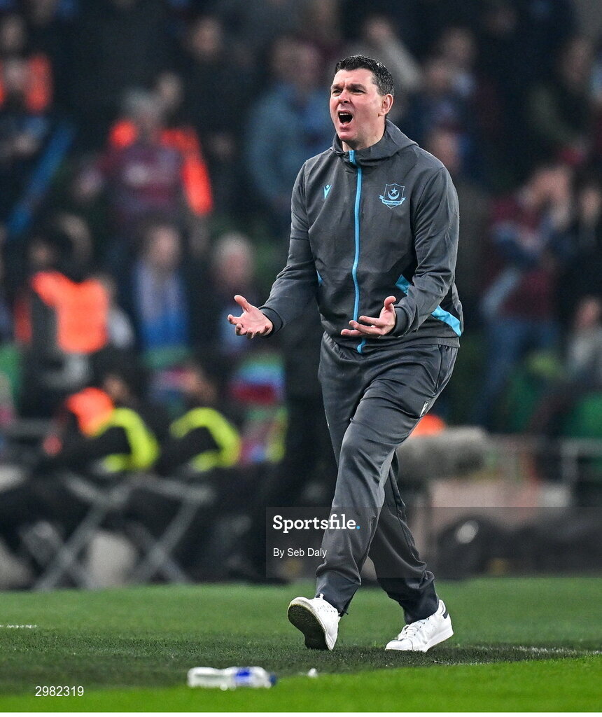 10 November 2024; Drogheda United manager Kevin Doherty reacts during the Sports Direct Men's FAI Cup Final match between Drogheda United and Derry City at the Aviva Stadium in Dublin. Photo by Seb Daly/Sportsfile