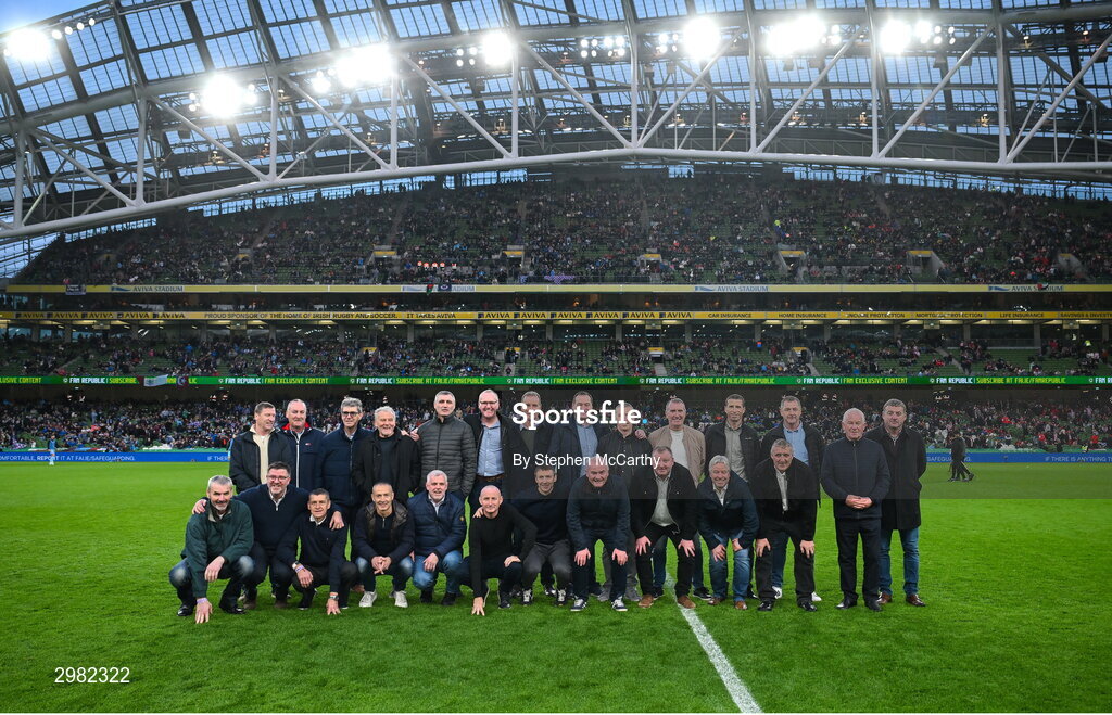 10 November 2024; The Bray Wanderers jubilee team at half-time during the Sports Direct Men's FAI Cup Final match between Drogheda United and Derry City at the Aviva Stadium in Dublin. Photo by Stephen McCarthy/Sportsfile